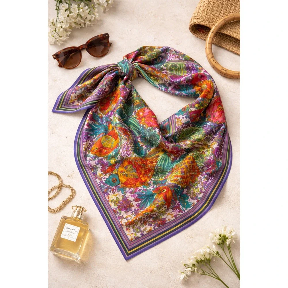 Vintage Colorful Fish Print Scarf Bright vtg Tropical Ocean Foulard Wild Rag 70s